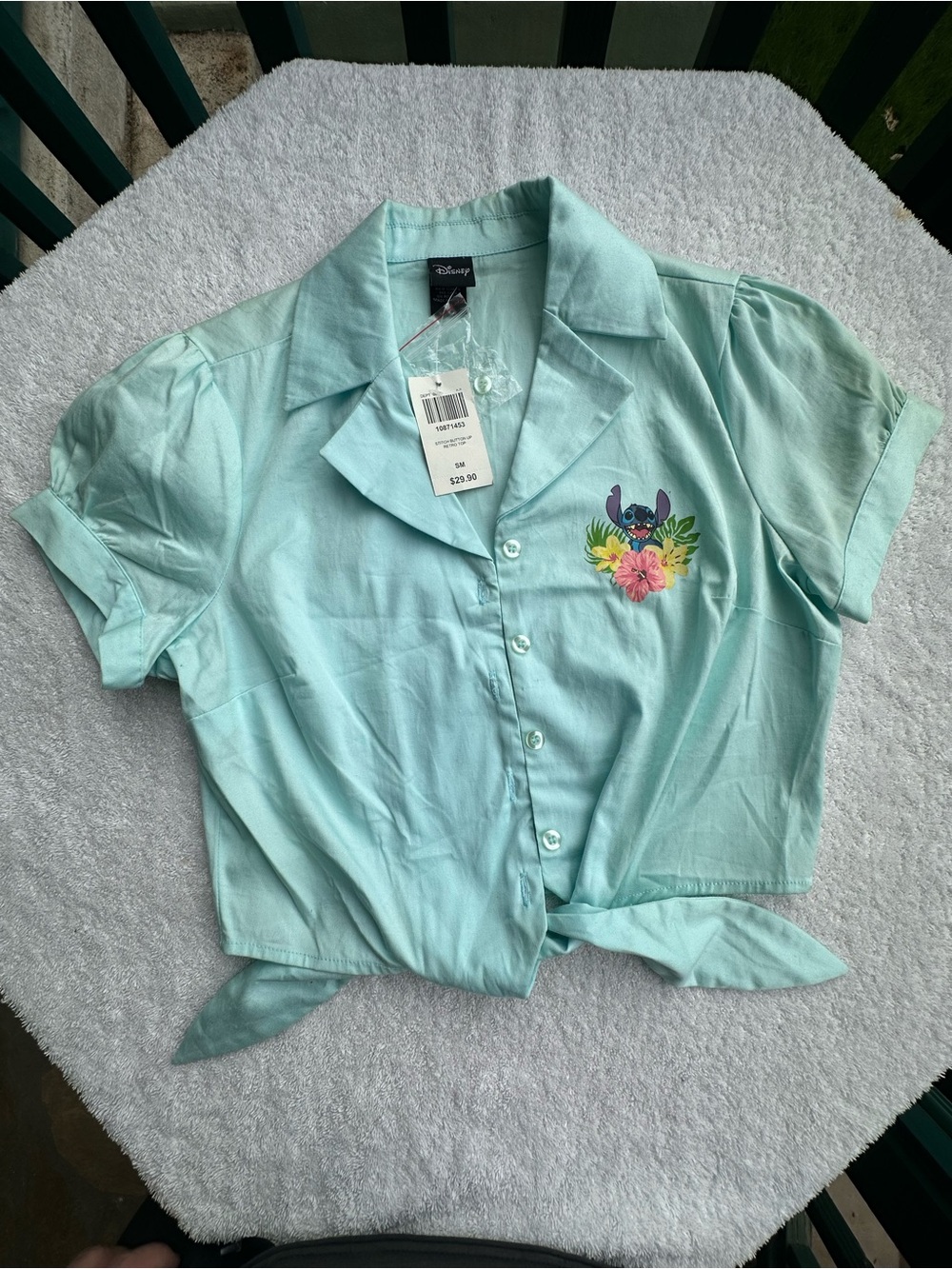 Disney Women's Light Teal Tie-Front Shirt with Lilo and Stitch Floral Embroidery